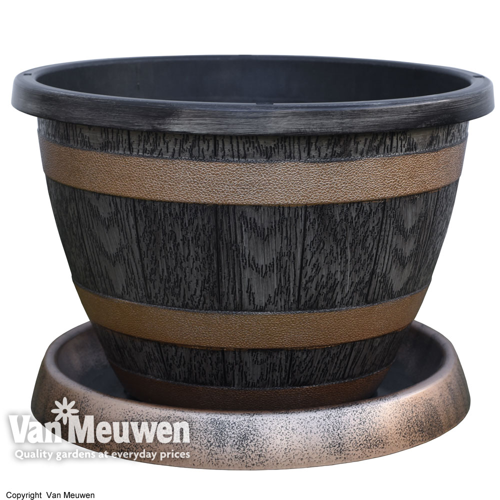 Wooden Barrel Effect Pot & Saucer